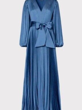 Milly Nadie Pleated Satin Maxi Dress - Steel Blue